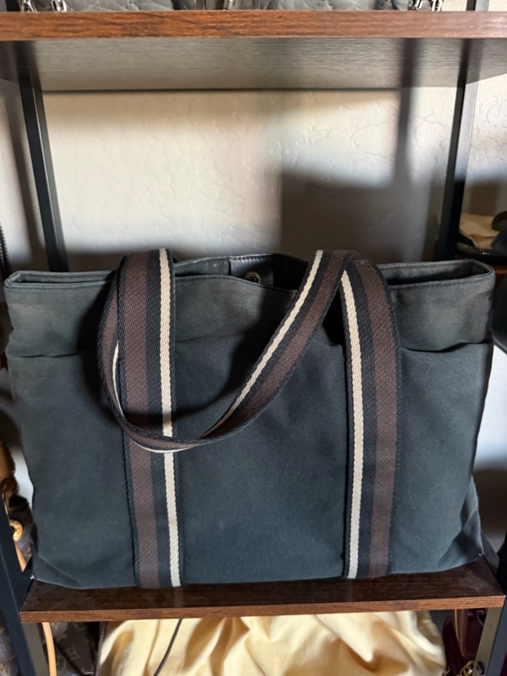 Hermes Black Canvas vintage Troca Bag with Brown and Cream Striped Handles - Picture 2 of 8